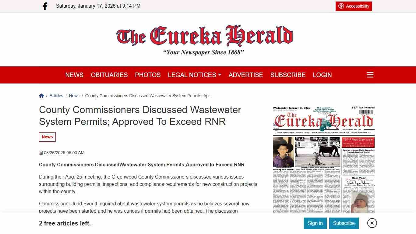 County Commissioners Discussed Wastewater System Permits; Approved To Exceed RNR